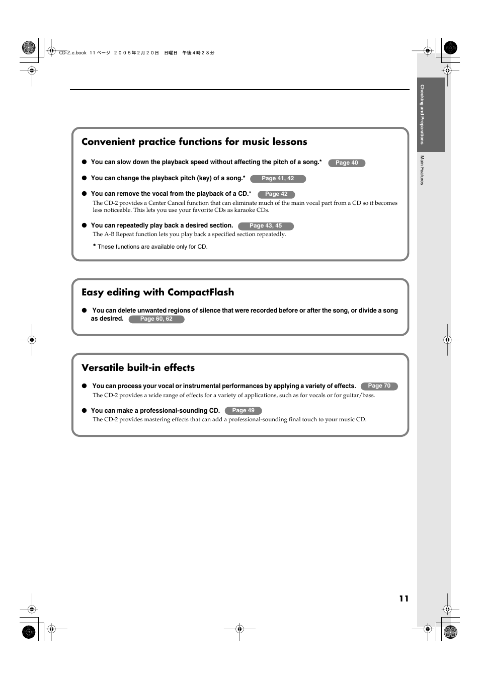 Convenient practice functions for music lessons, Easy editing with compactflash, Versatile built-in effects | Roland CD-2 User Manual | Page 11 / 99