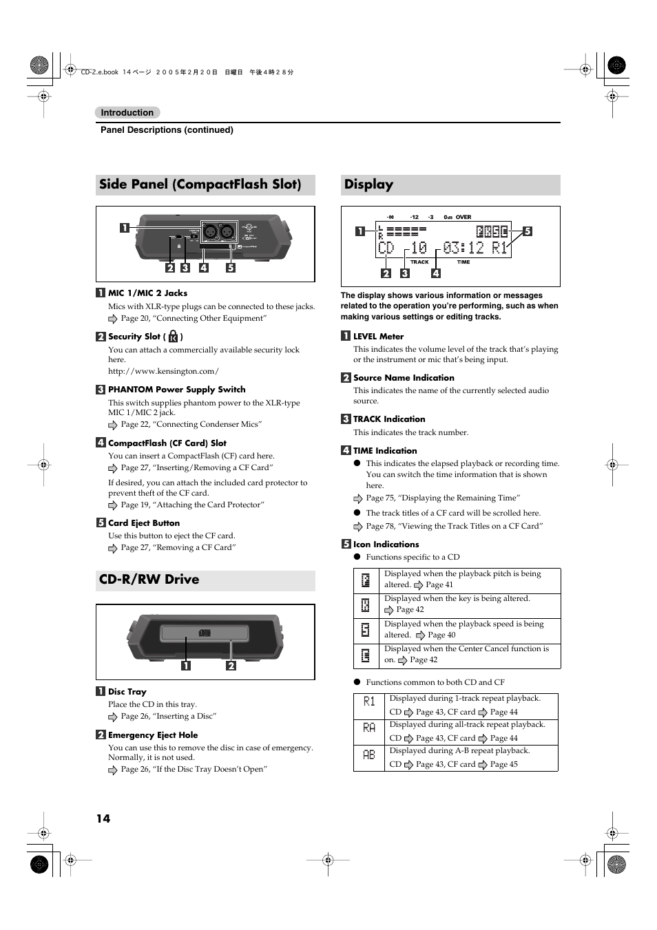 Side panel (compactflash slot), Cd-r/rw drive, Display | Roland CD-2 User Manual | Page 14 / 99