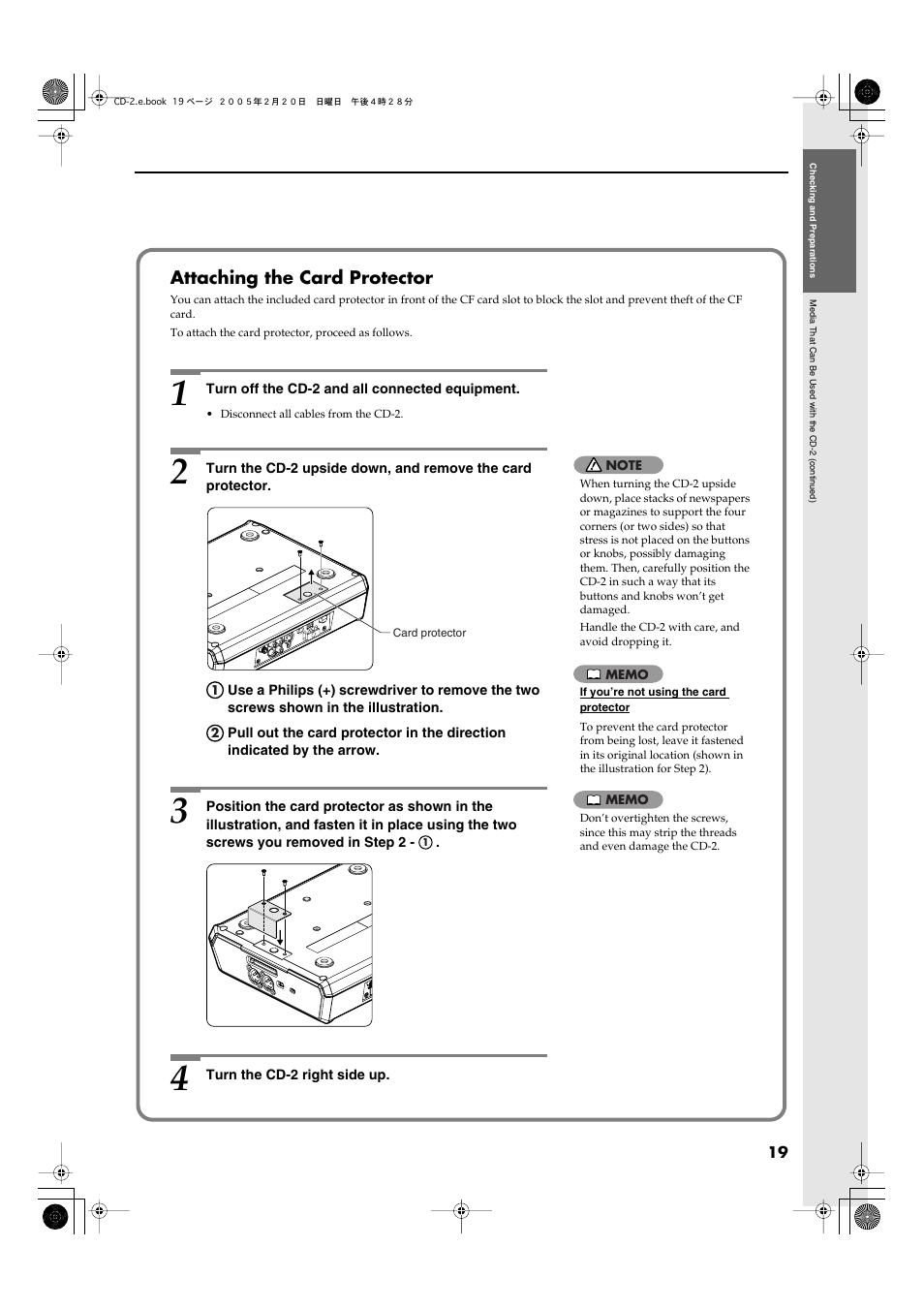 Attaching the card protector | Roland CD-2 User Manual | Page 19 / 99