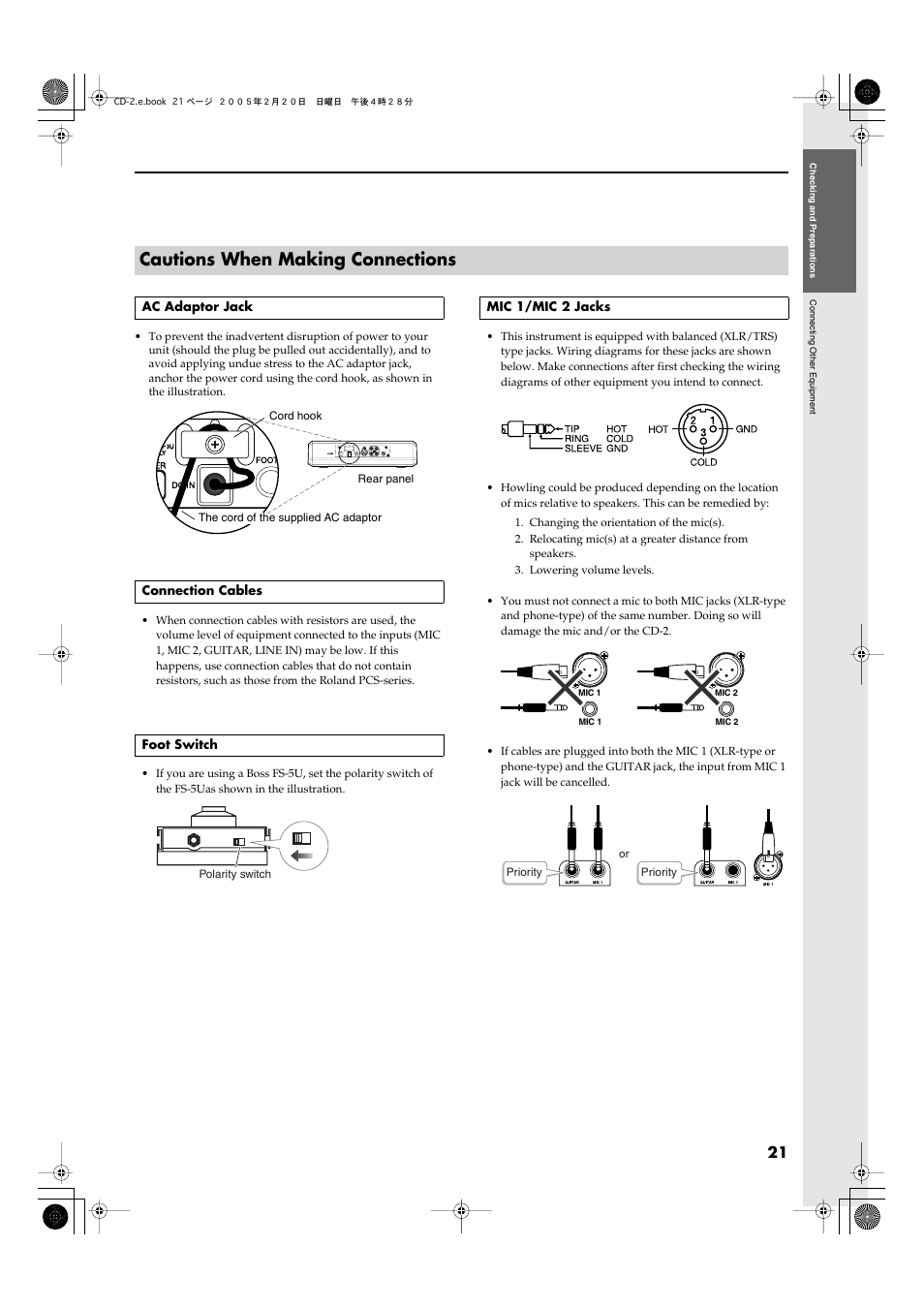 Cautions when making connections | Roland CD-2 User Manual | Page 21 / 99