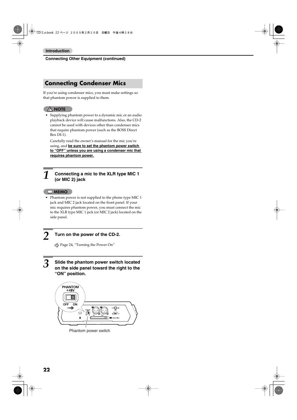 Connecting condenser mics | Roland CD-2 User Manual | Page 22 / 99