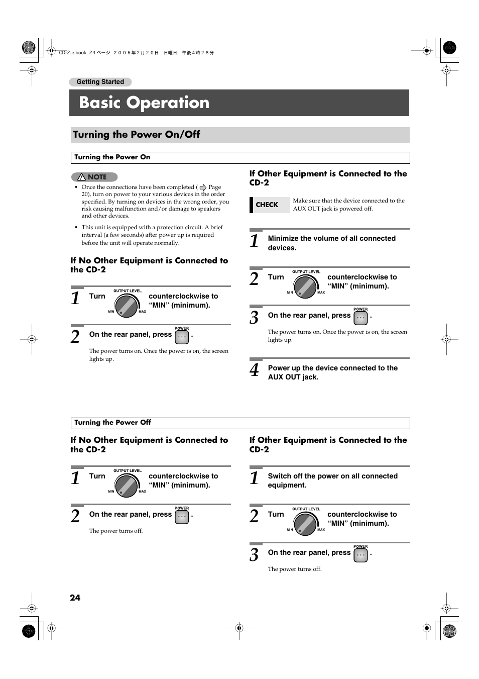 Basic operation, Turning the power on/off | Roland CD-2 User Manual | Page 24 / 99