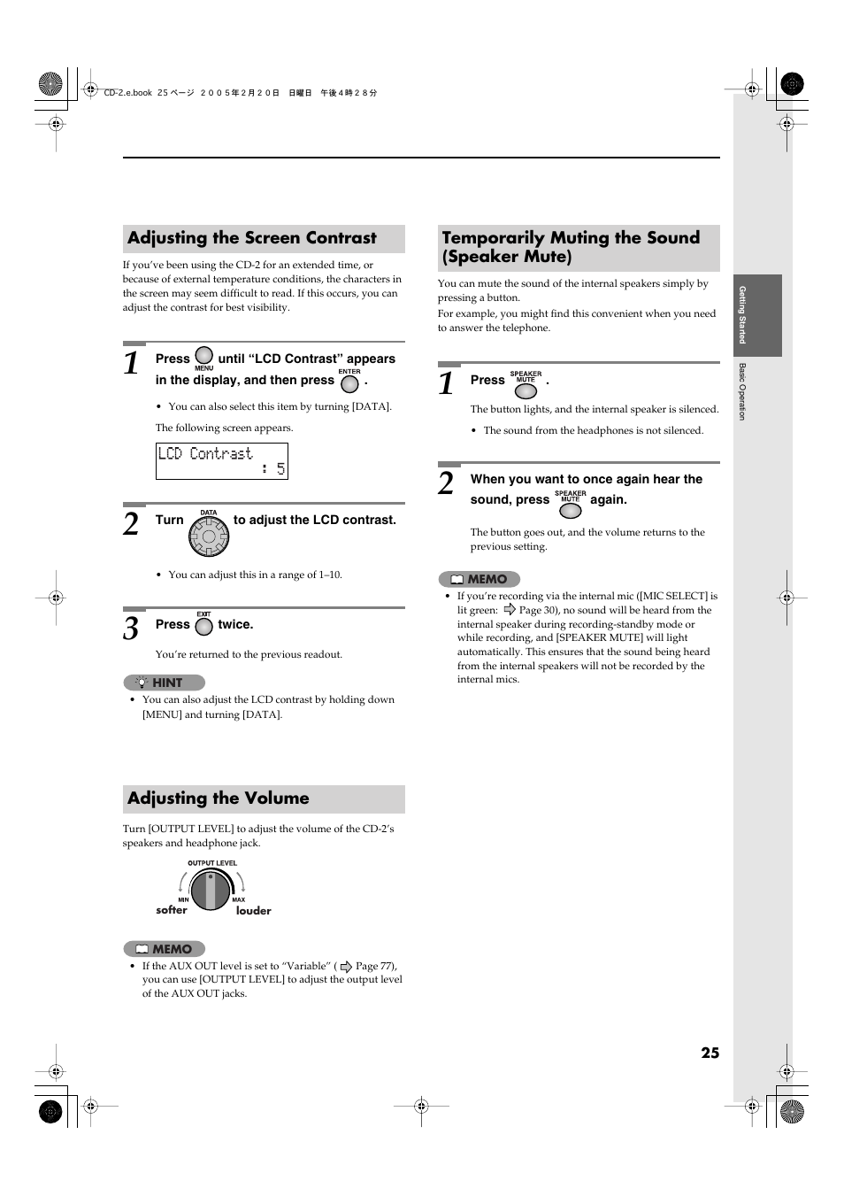 Adjusting the screen contrast, Adjusting the volume, Temporarily muting the sound (speaker mute) | Roland CD-2 User Manual | Page 25 / 99