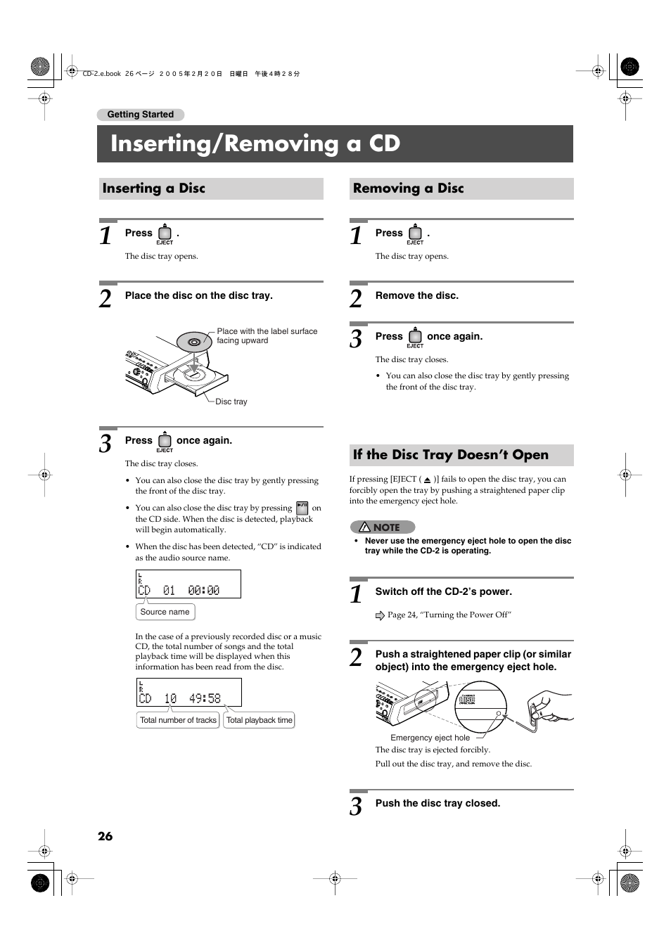 Inserting/removing a cd, Inserting a disc, Removing a disc | If the disc tray doesn’t open | Roland CD-2 User Manual | Page 26 / 99