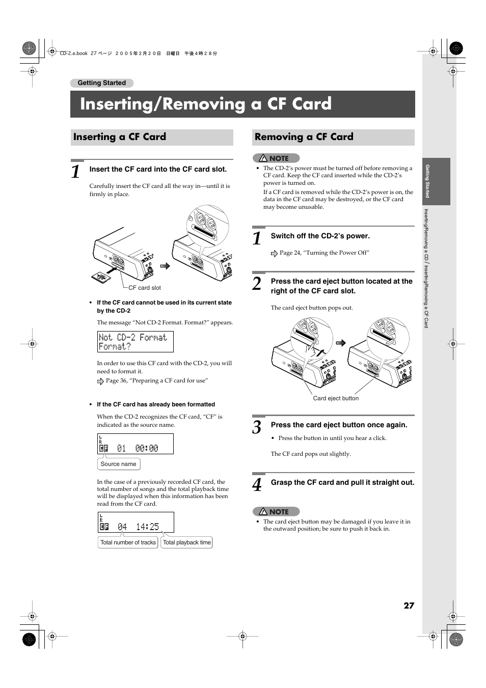 Inserting/removing a cf card, Inserting a cf card, Removing a cf card | Roland CD-2 User Manual | Page 27 / 99