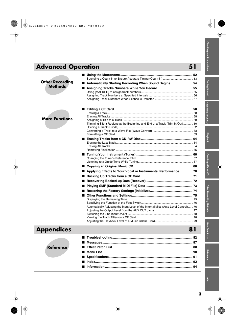 Advanced operation 51, Appendices 81 | Roland CD-2 User Manual | Page 3 / 99