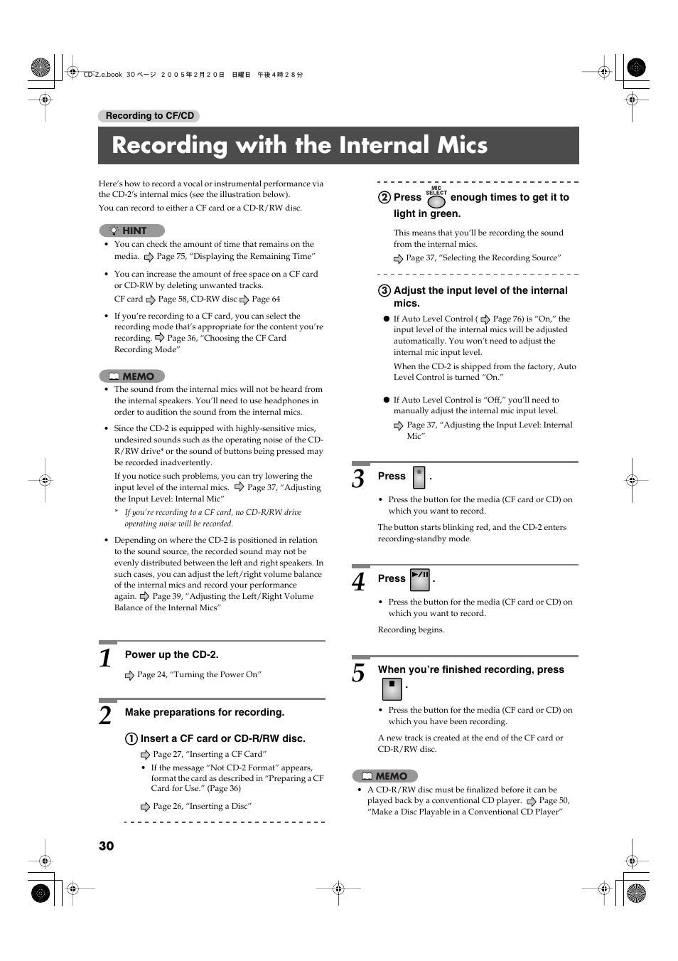 Recording with the internal mics | Roland CD-2 User Manual | Page 30 / 99