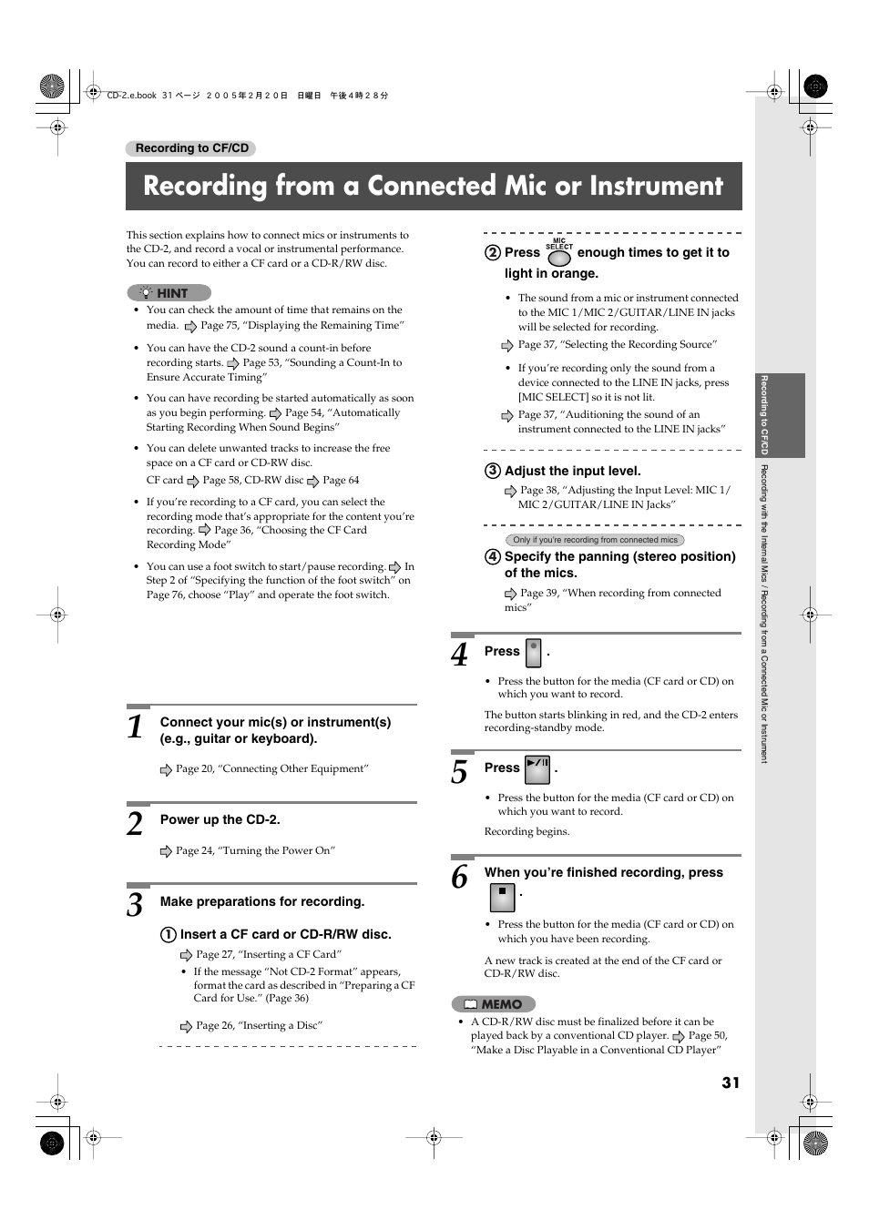 Recording from a connected mic or instrument | Roland CD-2 User Manual | Page 31 / 99