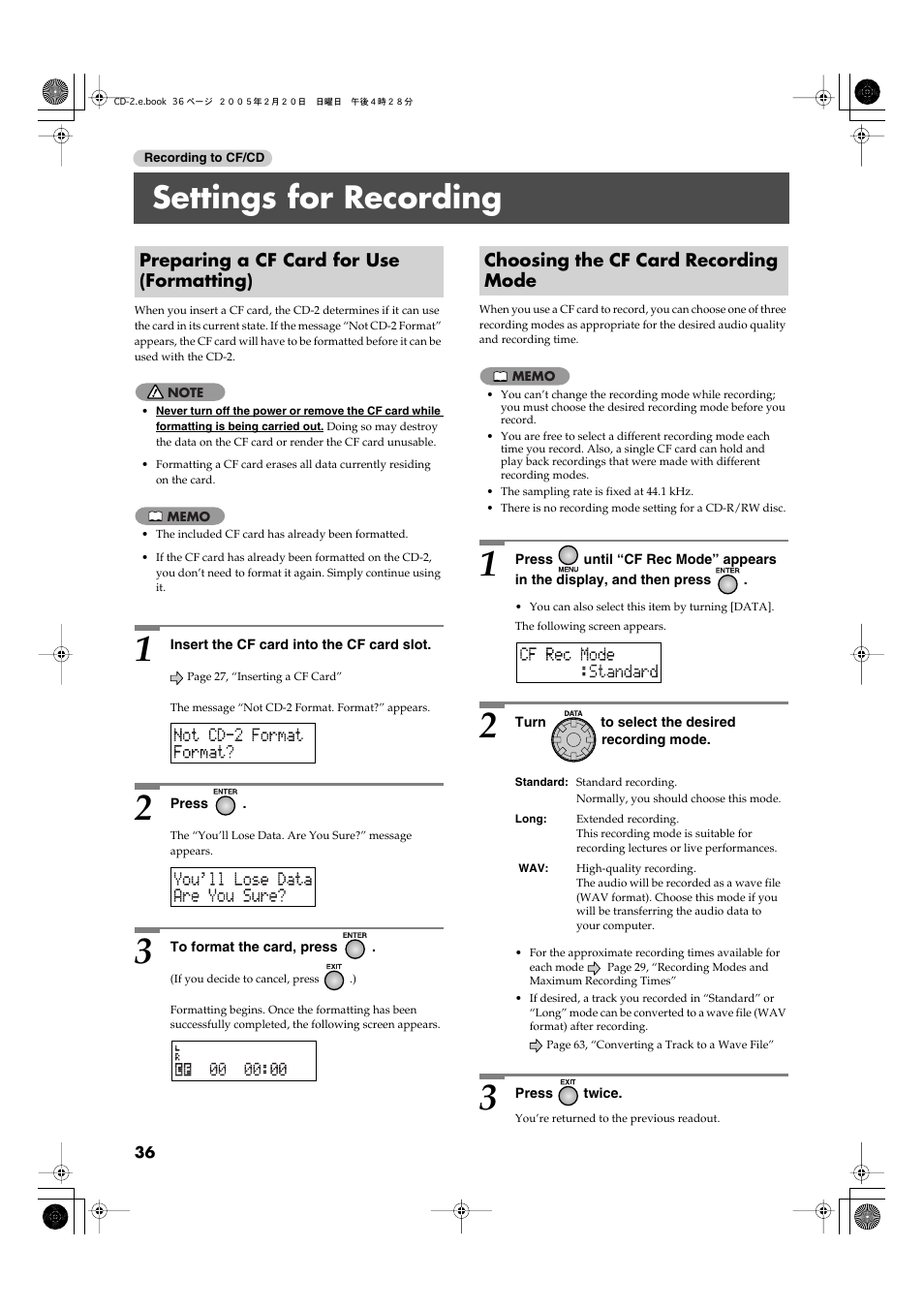 Settings for recording, Preparing a cf card for use (formatting), Choosing the cf card recording mode | Recording mode, Cf card recording mode | Roland CD-2 User Manual | Page 36 / 99