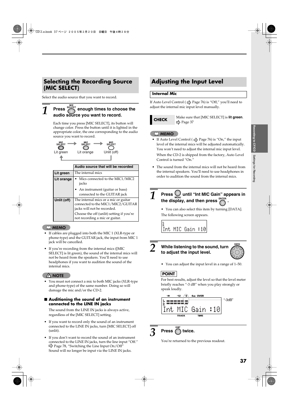 Selecting the recording source (mic select), Adjusting the input level, Internal mic | The input level: internal mic | Roland CD-2 User Manual | Page 37 / 99