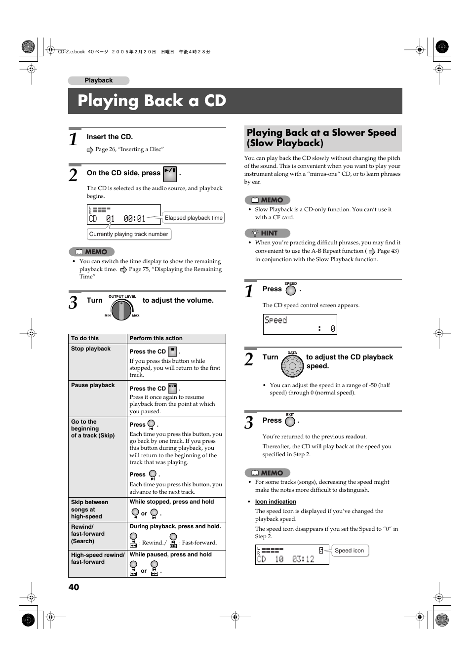 Playing back a cd, Playing back at a slower speed (slow playback) | Roland CD-2 User Manual | Page 40 / 99