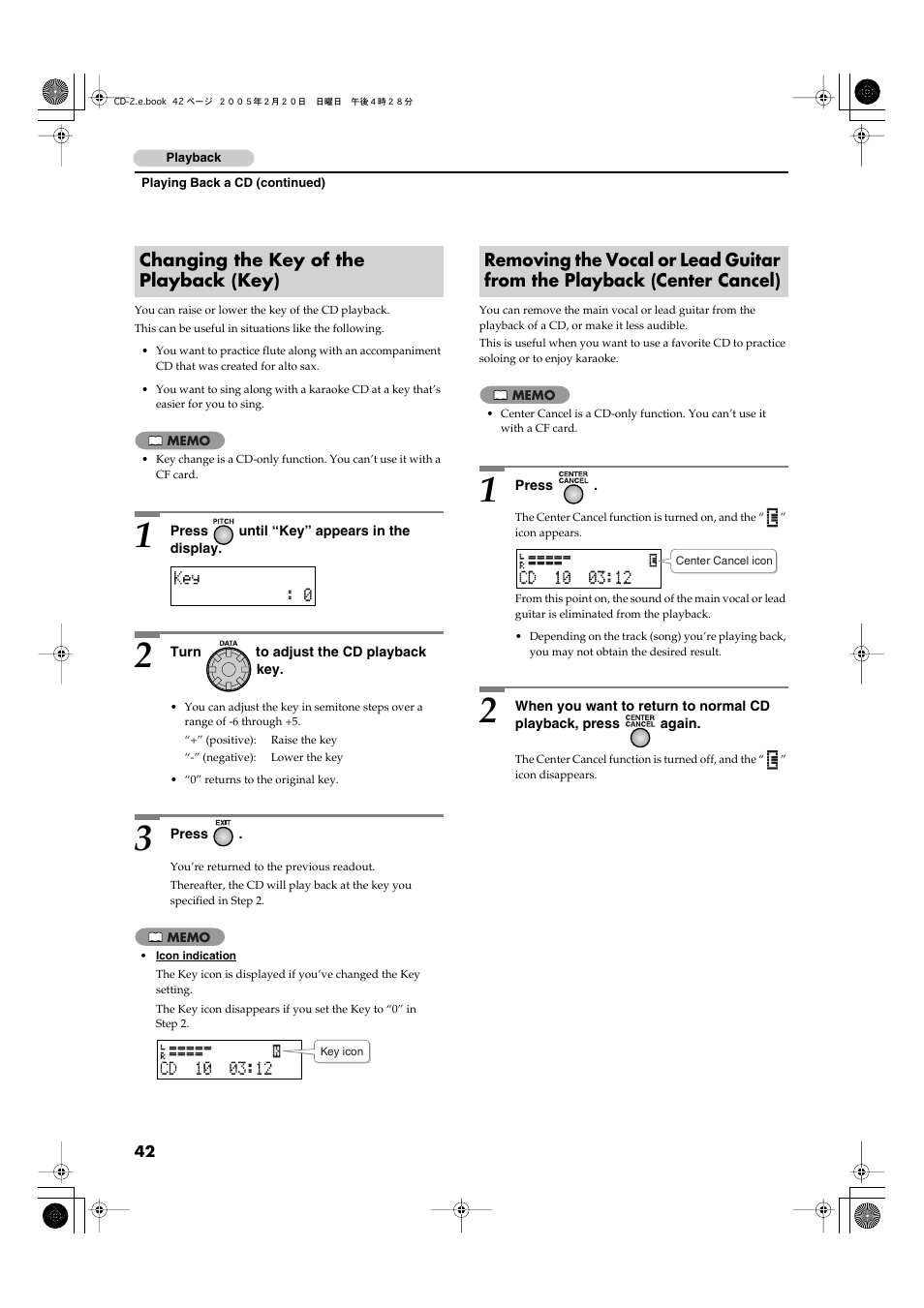 Changing the key of the playback (key) | Roland CD-2 User Manual | Page 42 / 99