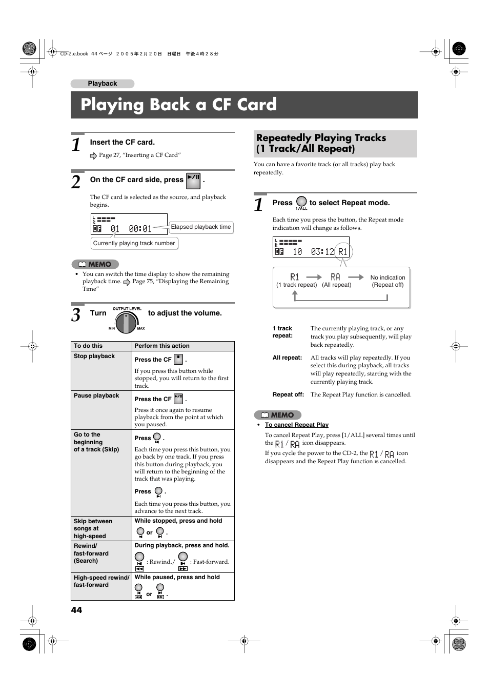 Playing back a cf card, Repeatedly playing tracks (1 track/all repeat) | Roland CD-2 User Manual | Page 44 / 99