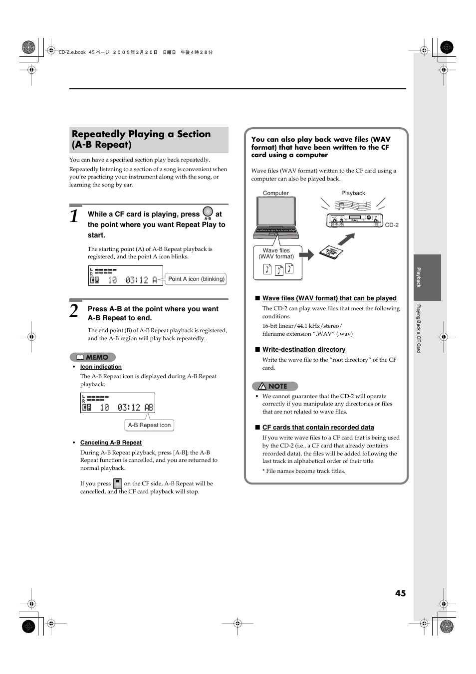 Repeatedly playing a section (a-b repeat) | Roland CD-2 User Manual | Page 45 / 99