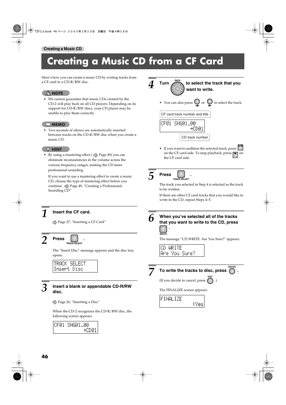 Creating a music cd from a cf card | Roland CD-2 User Manual | Page 46 / 99