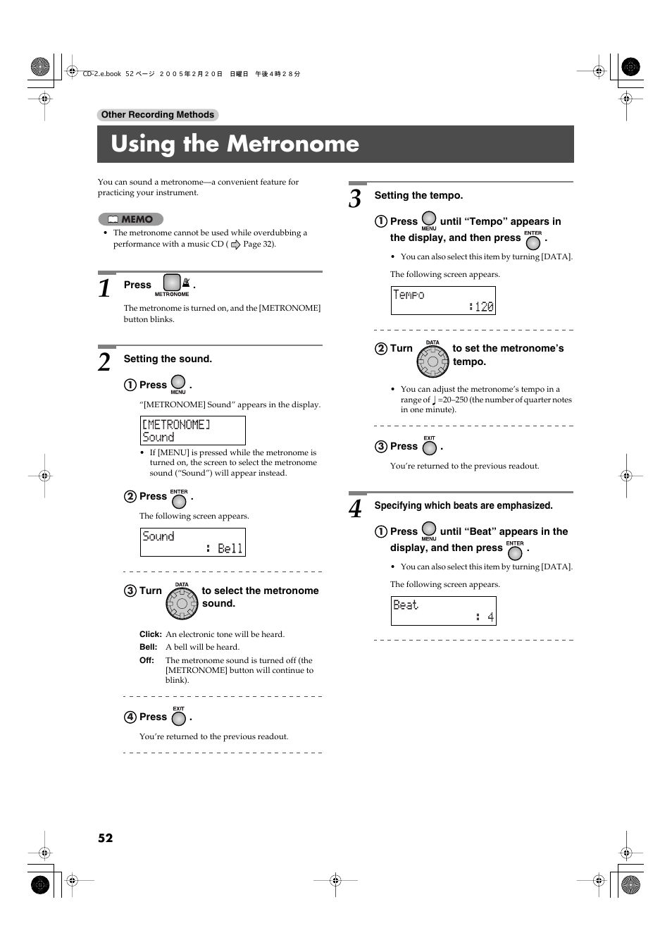 Using the metronome | Roland CD-2 User Manual | Page 52 / 99