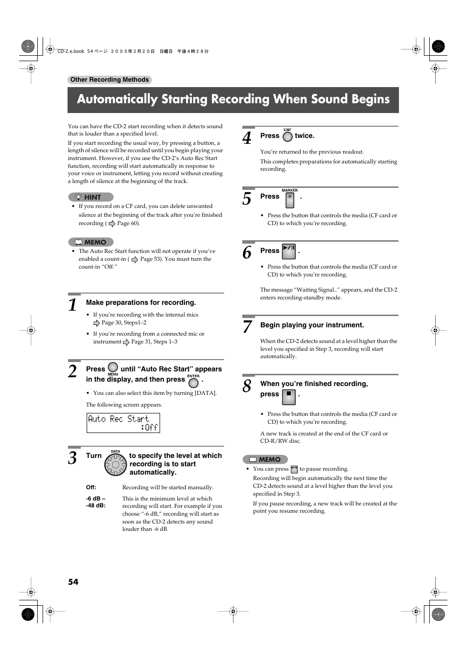 Automatically starting recording when sound begins, Starting recording when sound begins | Roland CD-2 User Manual | Page 54 / 99