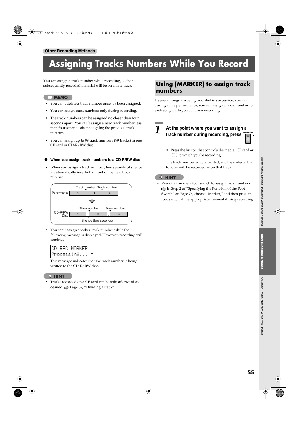 Assigning tracks numbers while you record, Using [marker] to assign track numbers | Roland CD-2 User Manual | Page 55 / 99