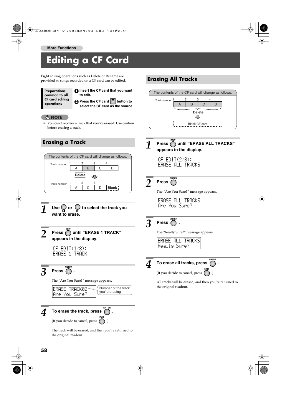 Editing a cf card, Erasing a track, Erasing all tracks | Erasing a track erasing all tracks | Roland CD-2 User Manual | Page 58 / 99