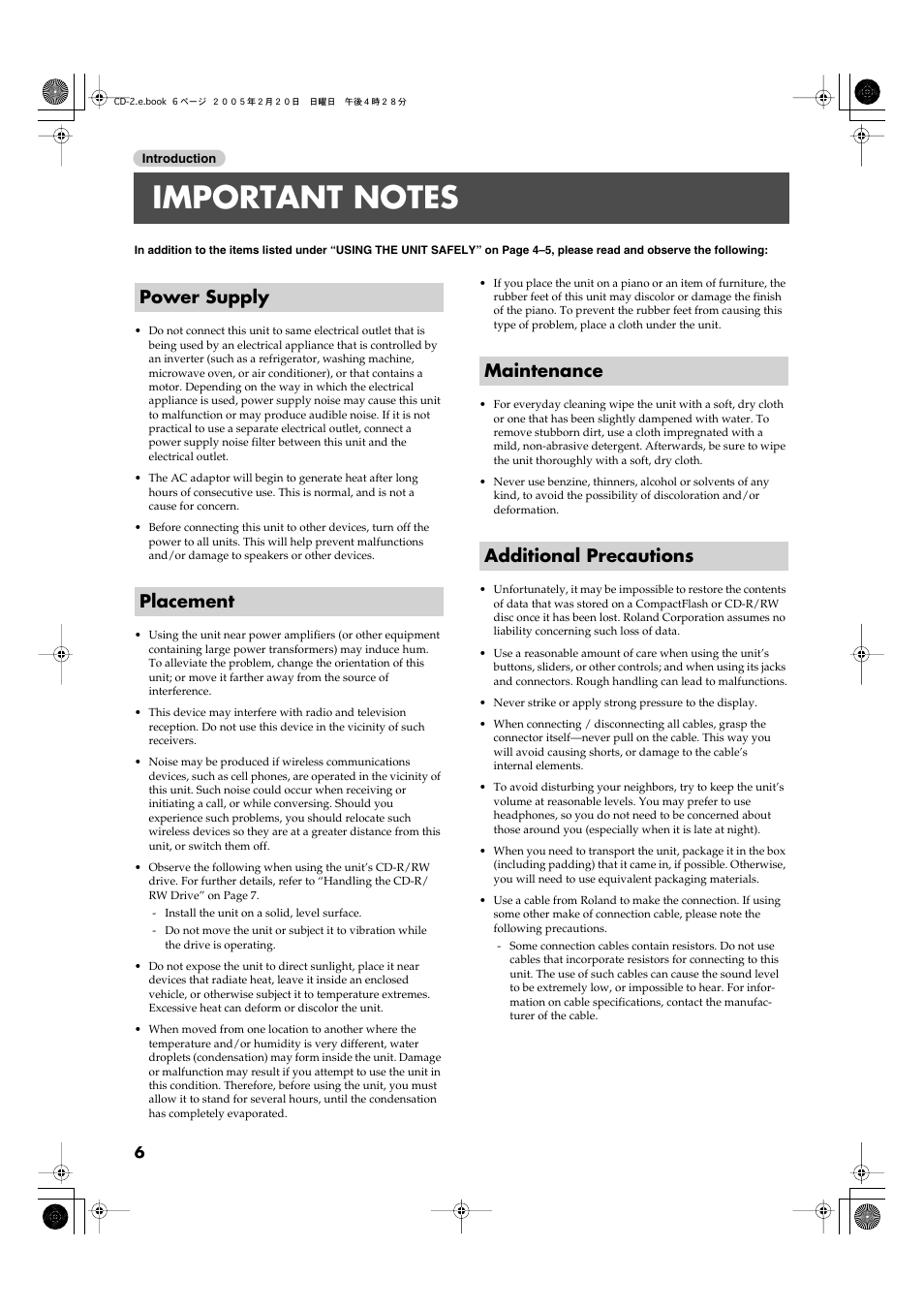 Important notes | Roland CD-2 User Manual | Page 6 / 99