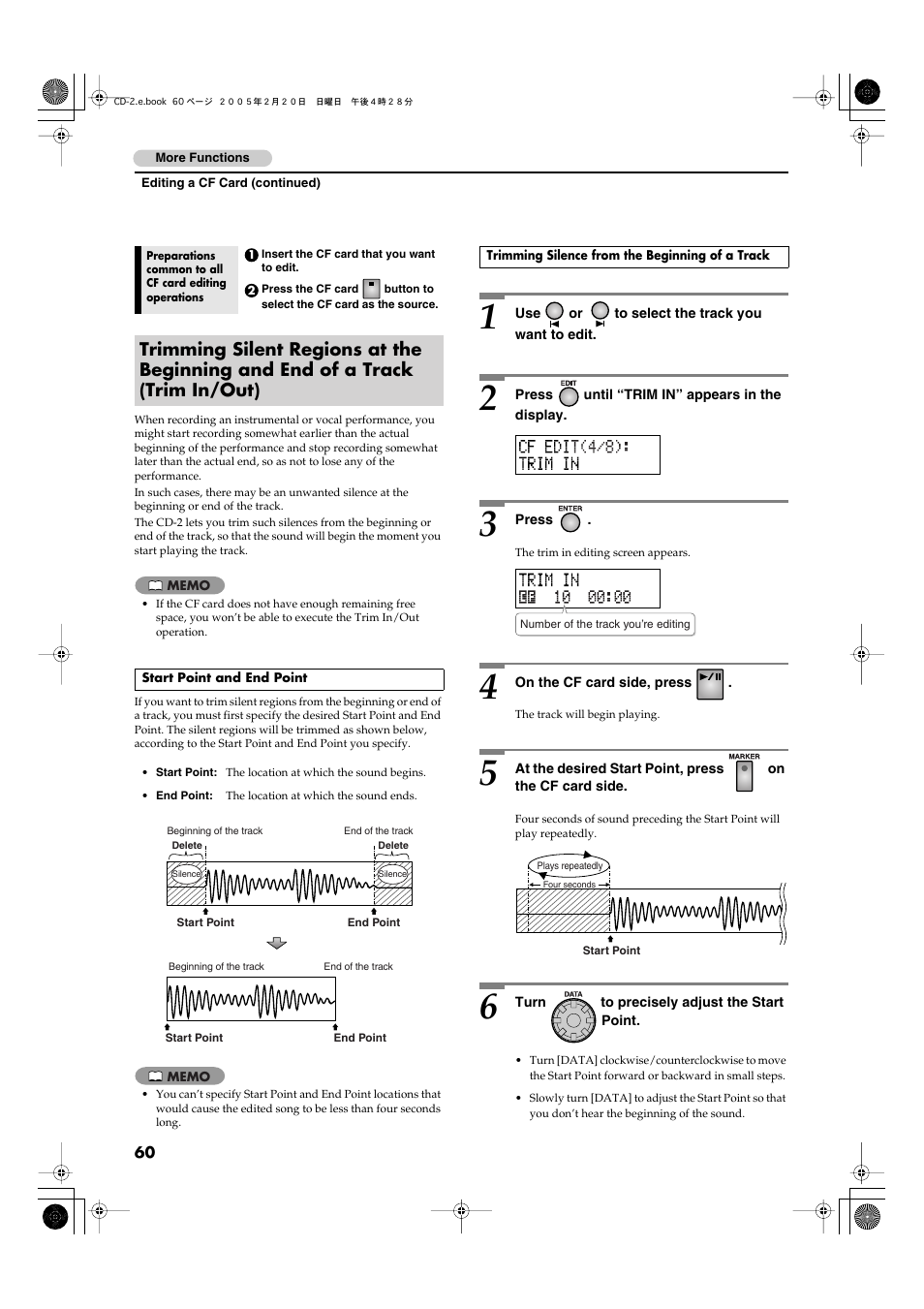 Start point and end point, Trimming silence from the beginning of a track | Roland CD-2 User Manual | Page 60 / 99