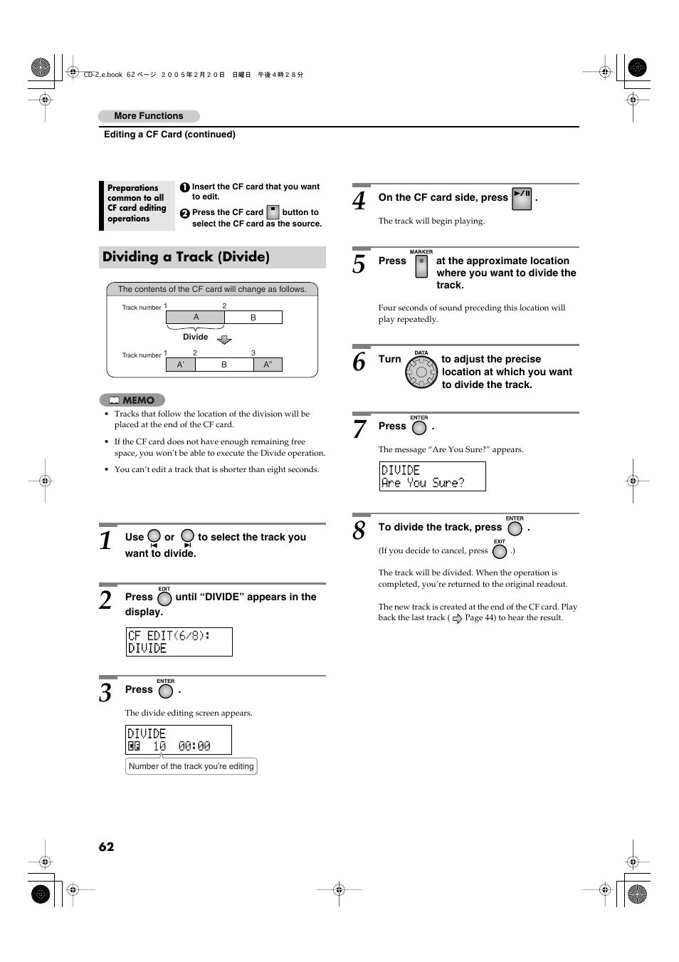 Dividing a track (divide) | Roland CD-2 User Manual | Page 62 / 99