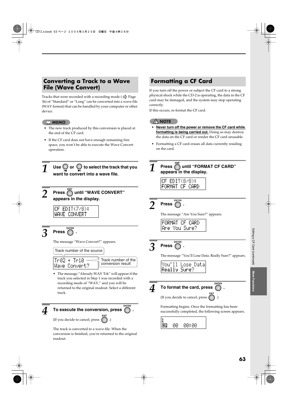 Converting a track to a wave file (wave convert), Formatting a cf card | Roland CD-2 User Manual | Page 63 / 99