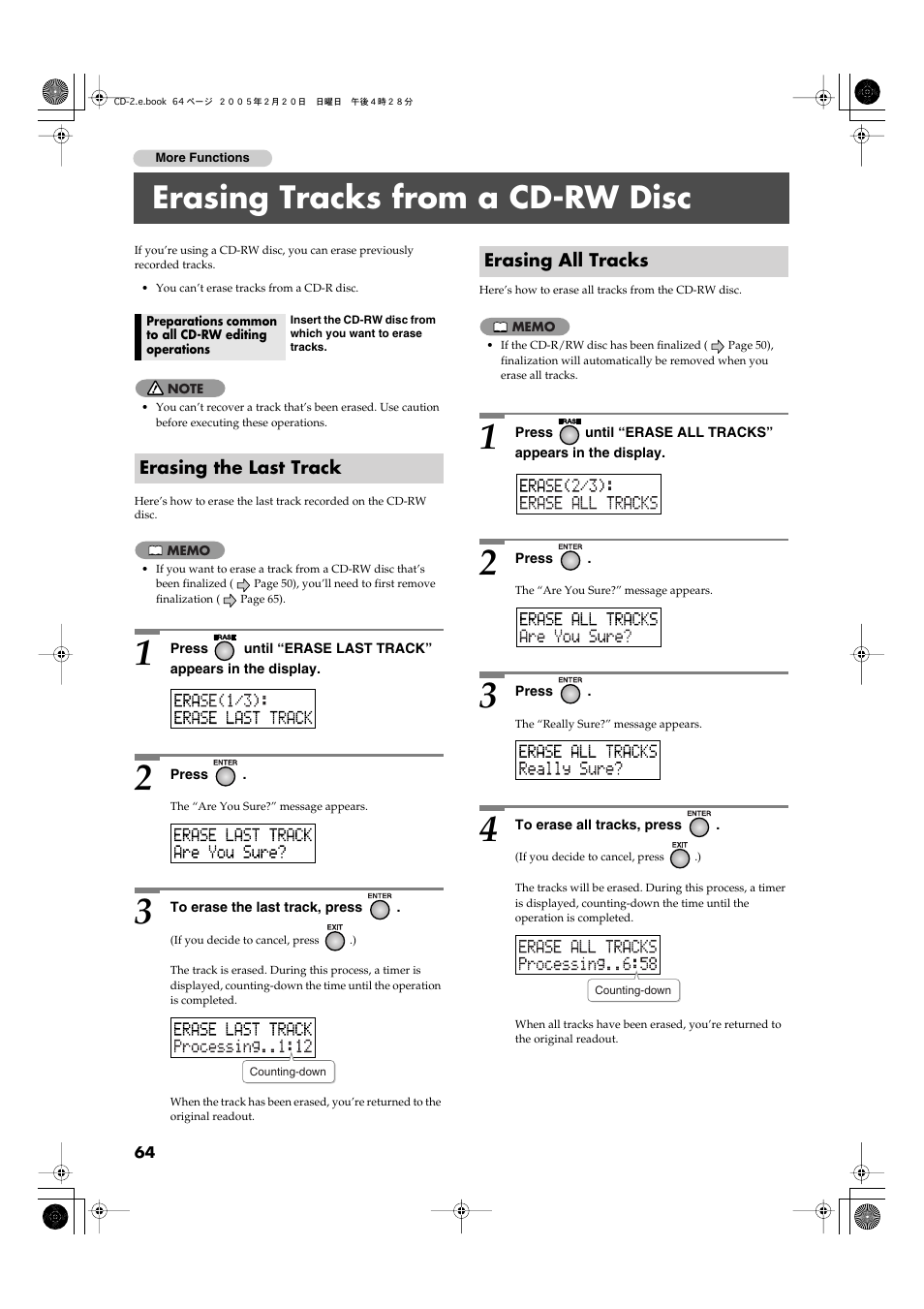 Erasing tracks from a cd-rw disc, Erasing the last track, Erasing all tracks | Erasing the last track erasing all tracks | Roland CD-2 User Manual | Page 64 / 99