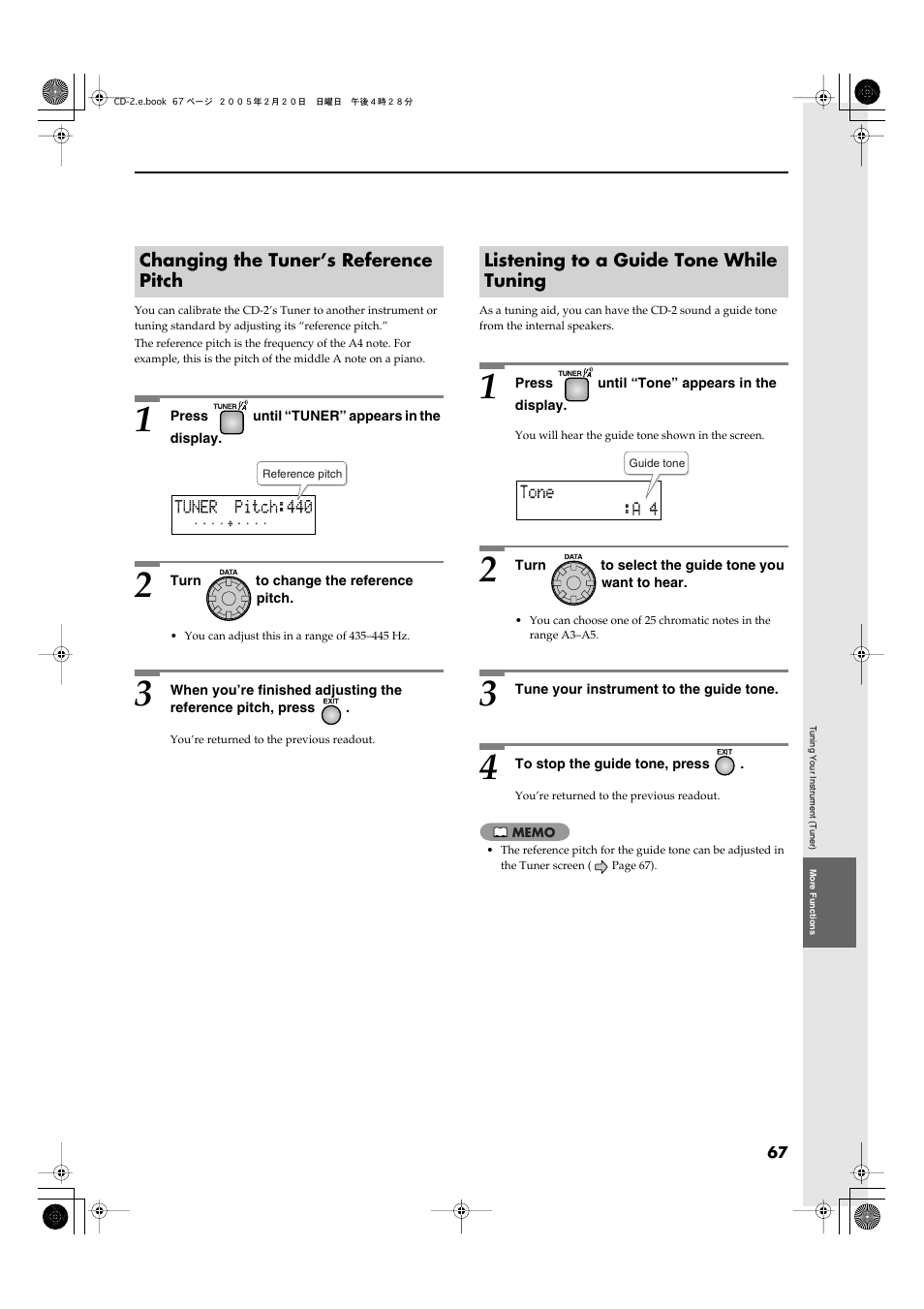 Changing the tuner’s reference pitch, Listening to a guide tone while tuning | Roland CD-2 User Manual | Page 67 / 99