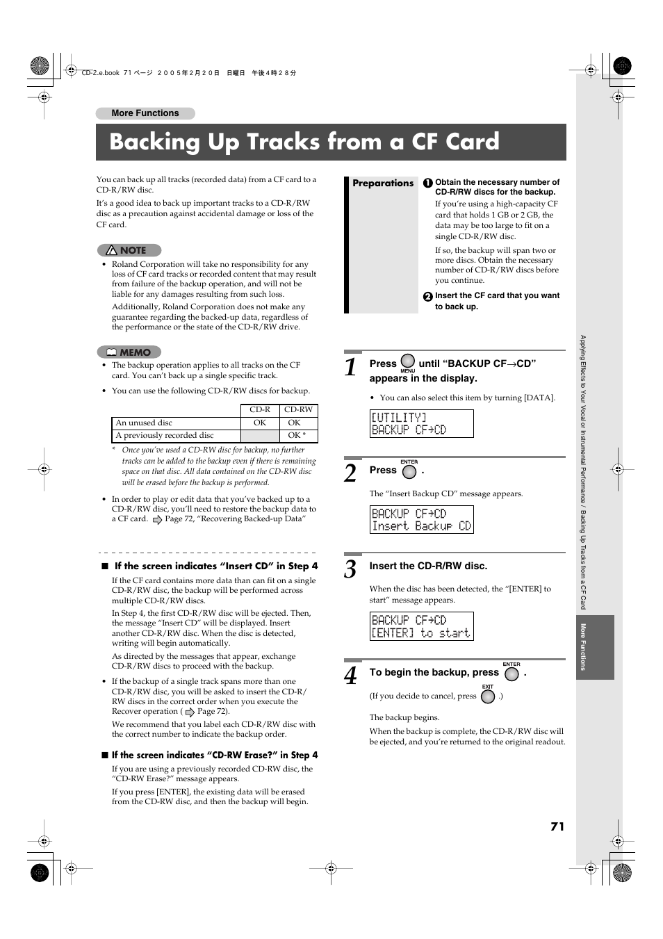 Backing up tracks from a cf card | Roland CD-2 User Manual | Page 71 / 99