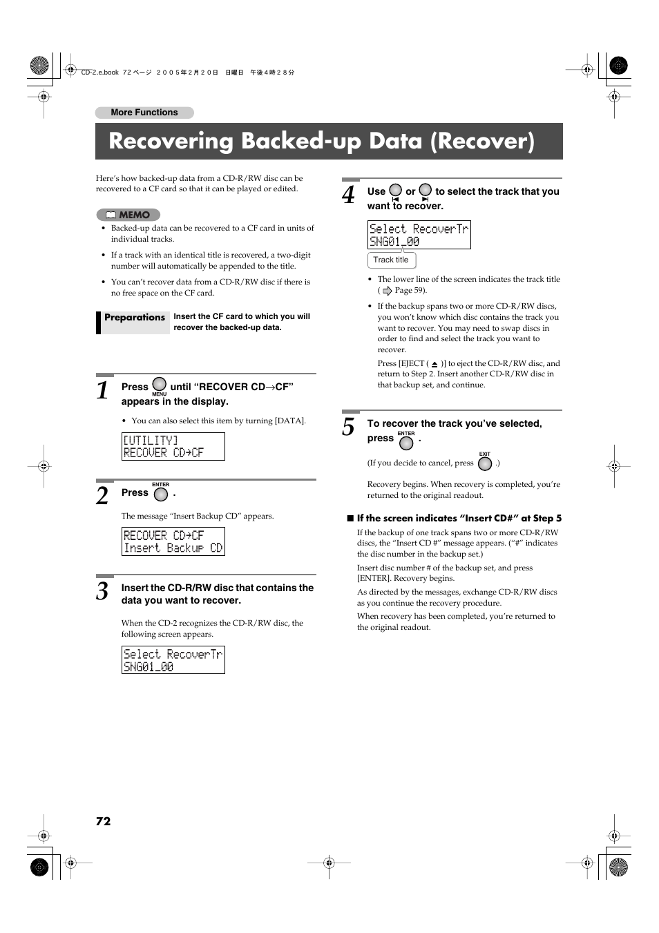Recovering backed-up data (recover) | Roland CD-2 User Manual | Page 72 / 99