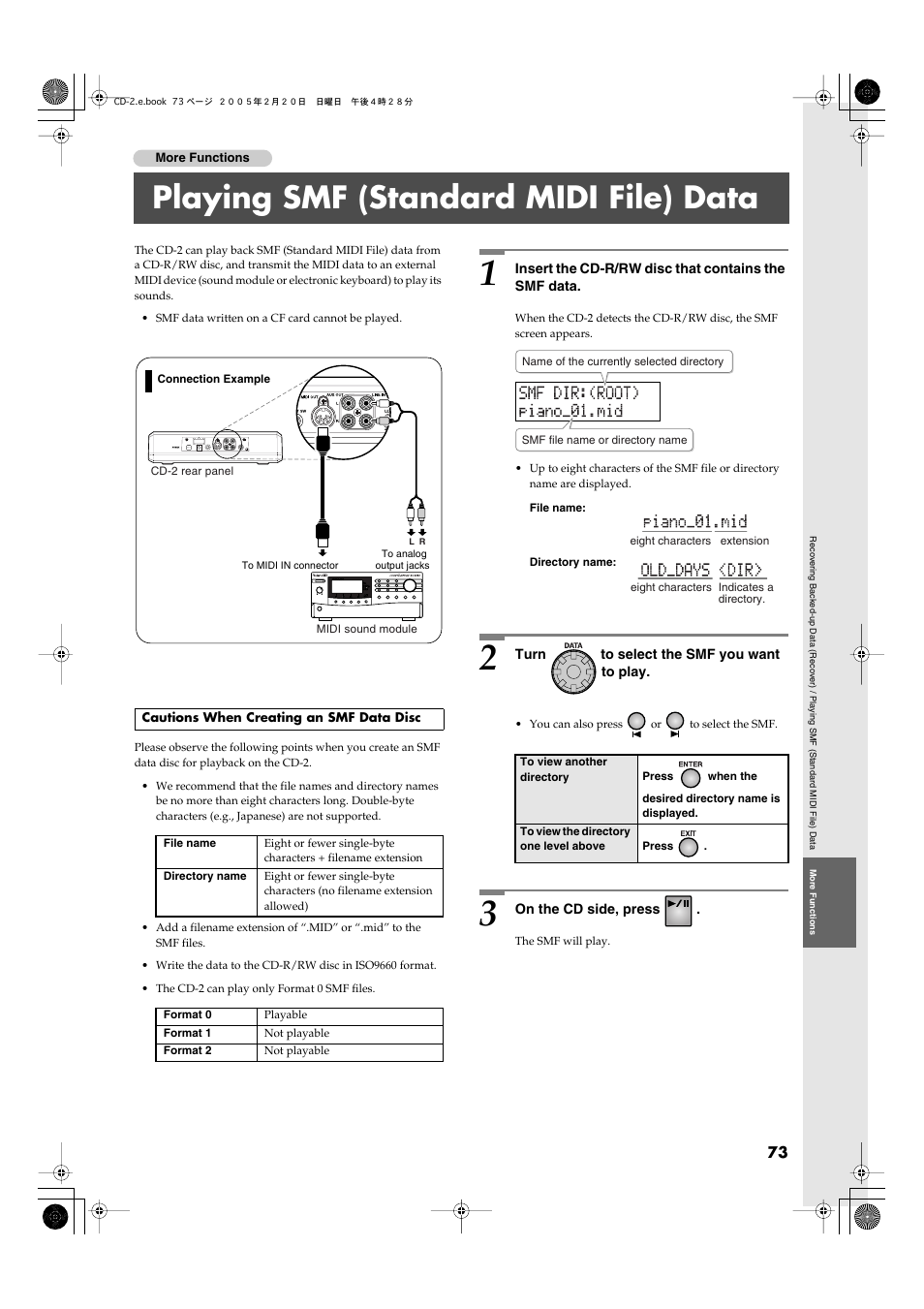 Playing smf (standard midi file) data, Cautions when creating an smf data disc | Roland CD-2 User Manual | Page 73 / 99