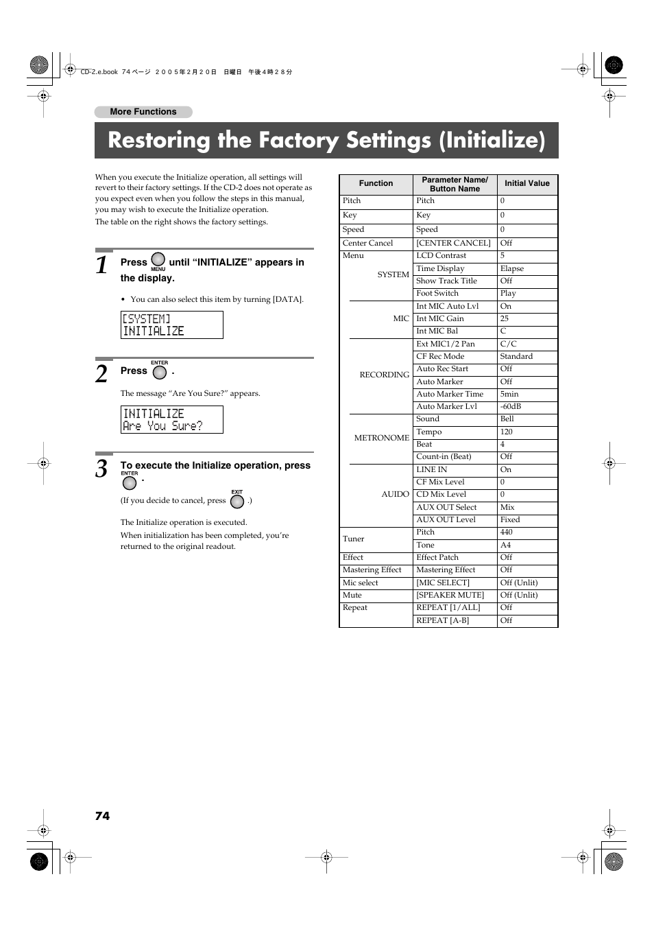 Restoring the factory settings (initialize) | Roland CD-2 User Manual | Page 74 / 99