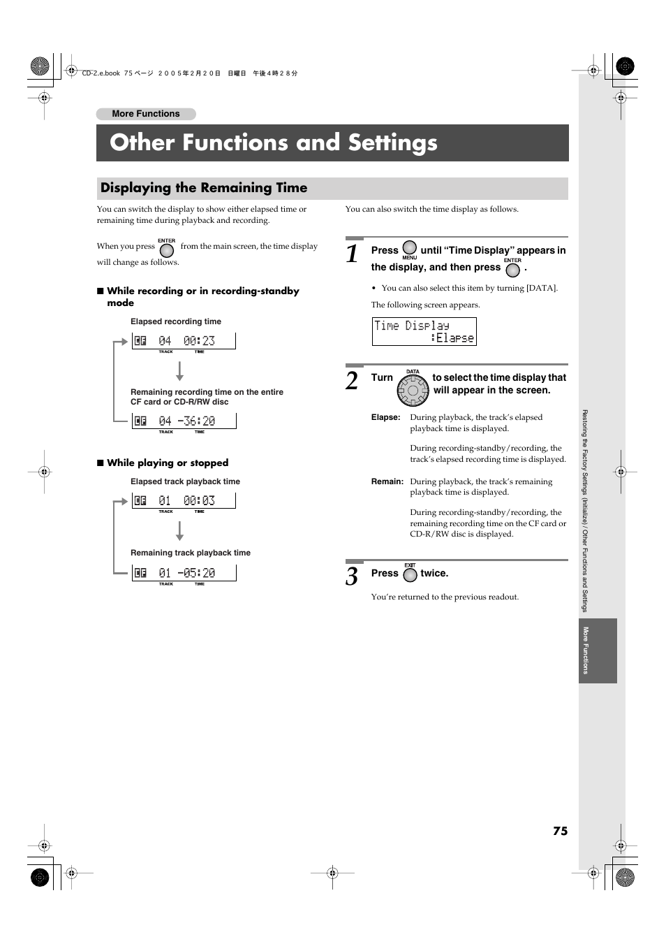 Other functions and settings, Displaying the remaining time, Remaining time | The remaining time, Time | Roland CD-2 User Manual | Page 75 / 99