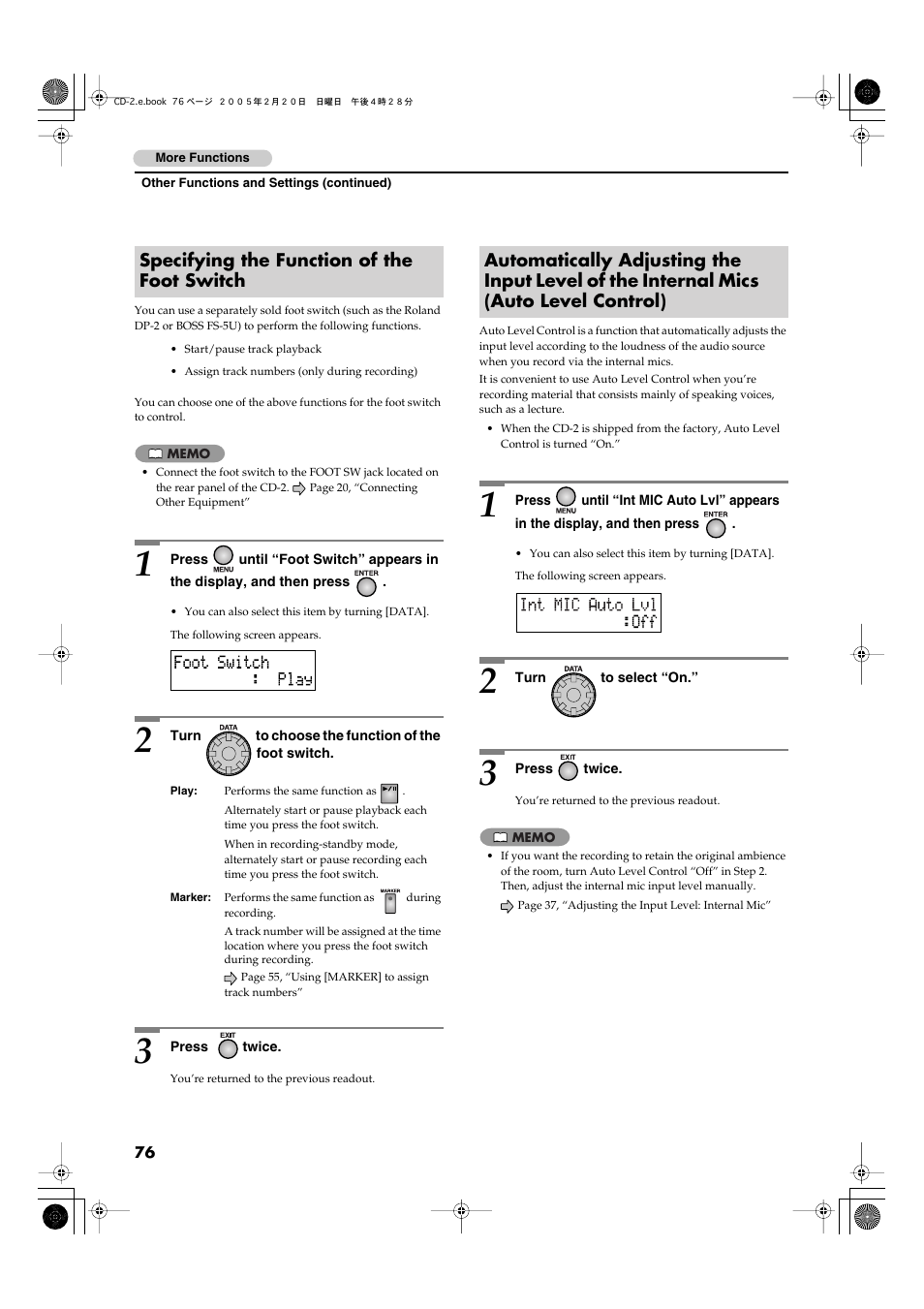 Specifying the function of the foot switch, In step 2 of “specifying the function of the foot | Roland CD-2 User Manual | Page 76 / 99