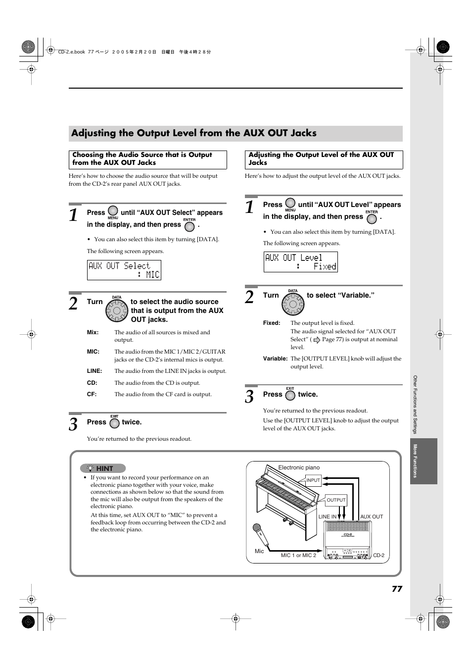 Adjusting the output level from the aux out jacks, Adjusting the output level of the aux out jacks | Roland CD-2 User Manual | Page 77 / 99