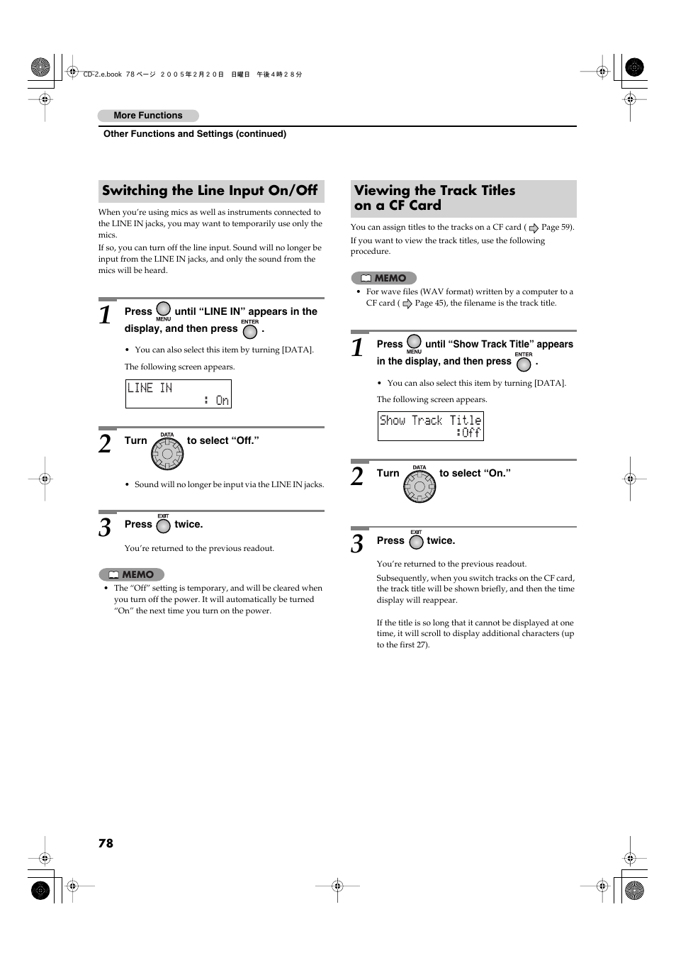 Switching the line input on/off, Viewing the track titles on a cf card | Roland CD-2 User Manual | Page 78 / 99