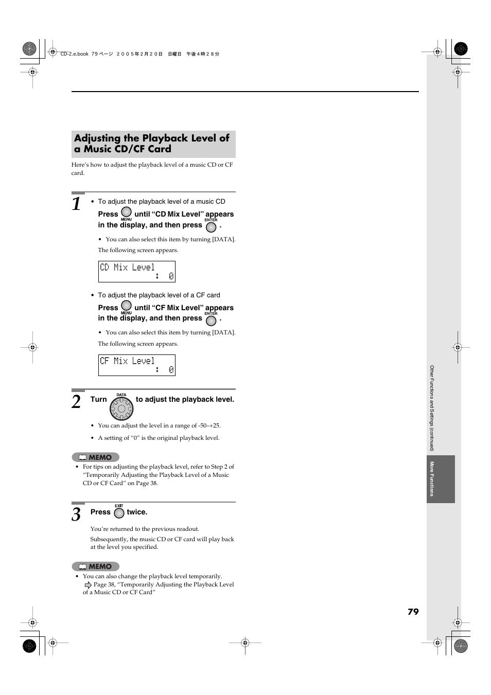 Adjusting the playback level of a music cd/cf card | Roland CD-2 User Manual | Page 79 / 99