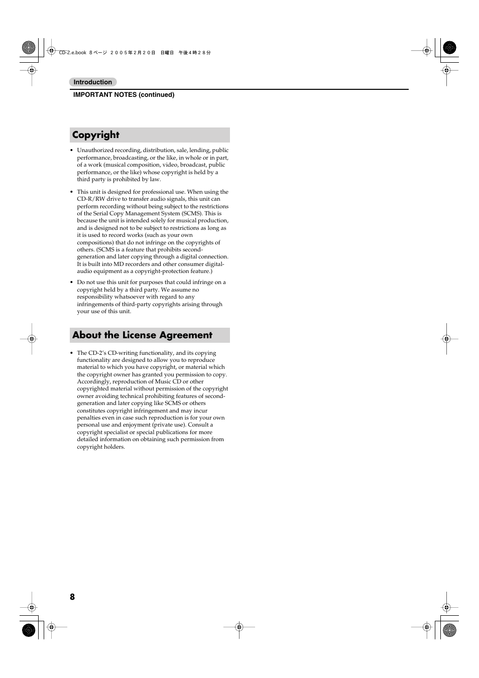 Copyright about the license agreement | Roland CD-2 User Manual | Page 8 / 99