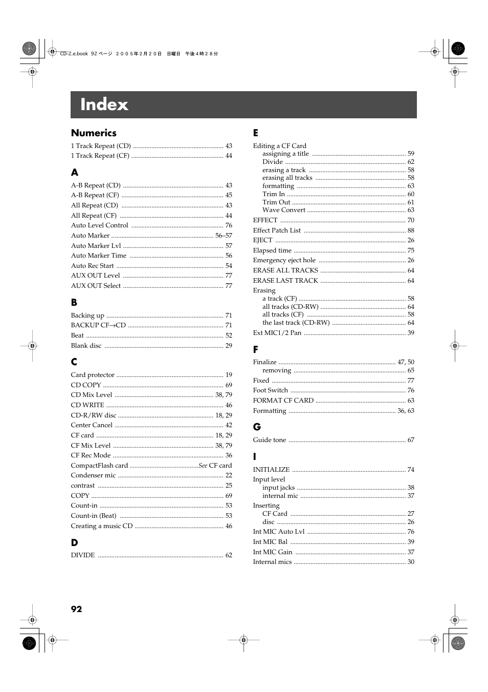 Index | Roland CD-2 User Manual | Page 92 / 99