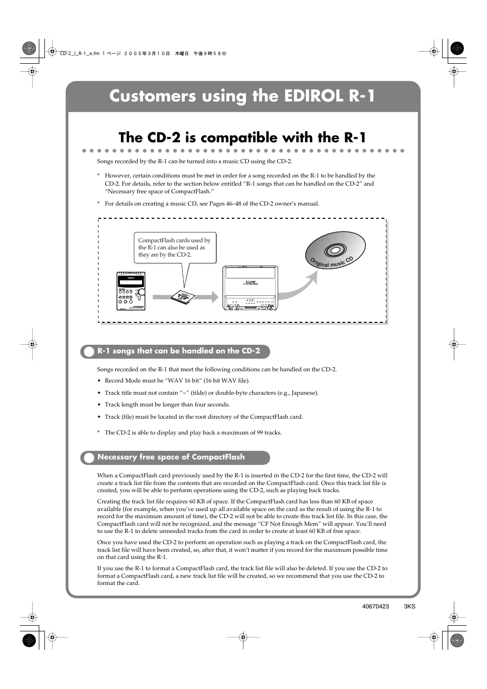 Customers using the edirol r-1, The cd-2 is compatible with the r-1 | Roland CD-2 User Manual | Page 97 / 99