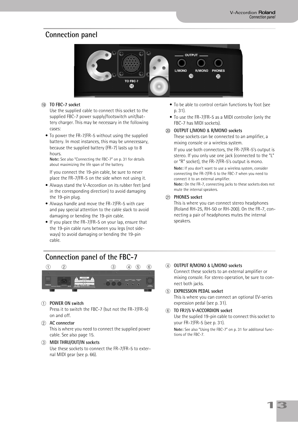 Connection panel, Connection panel of the fbc7, Connection panel of the fbc-7 | Roland FR-7/FR-5 User Manual | Page 13 / 94