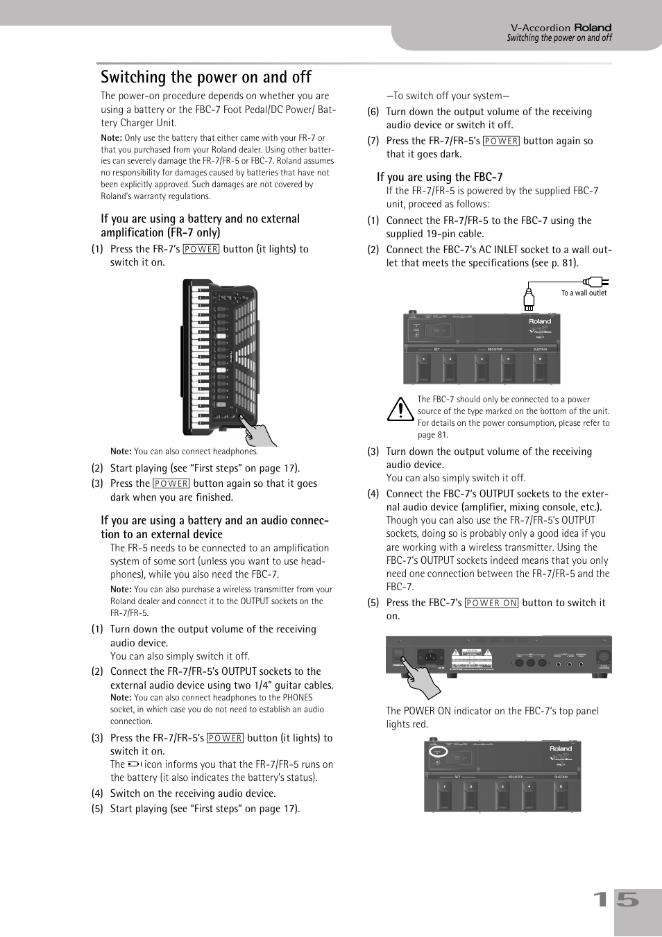 Switching the power on and off, If you are using the fbc7 | Roland FR-7/FR-5 User Manual | Page 15 / 94