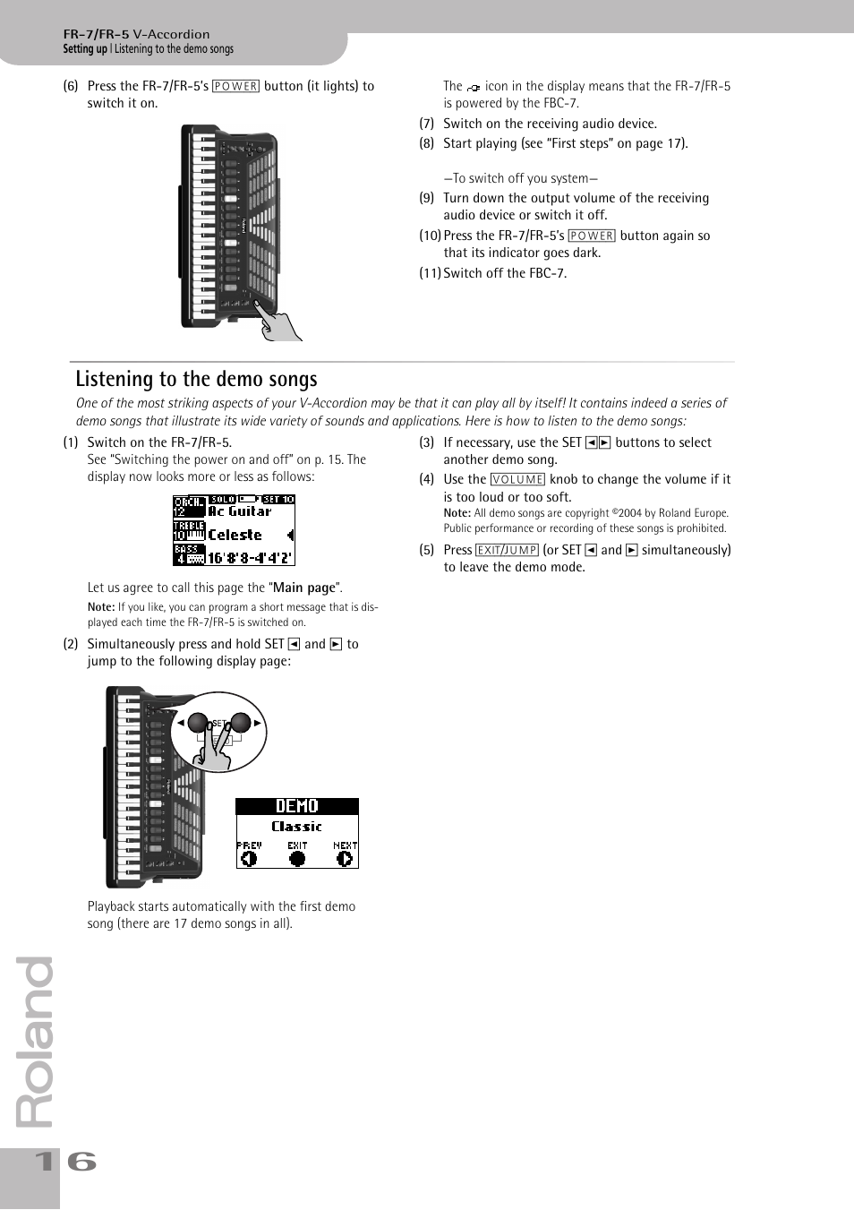 Listening to the demo songs | Roland FR-7/FR-5 User Manual | Page 16 / 94