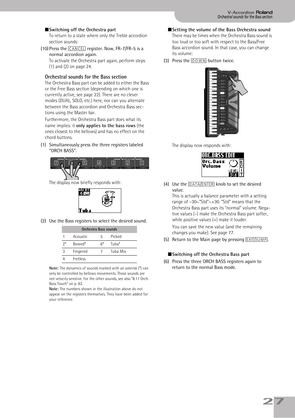 Orchestral sounds for the bass section, On or off (see p. 27) | Roland FR-7/FR-5 User Manual | Page 27 / 94