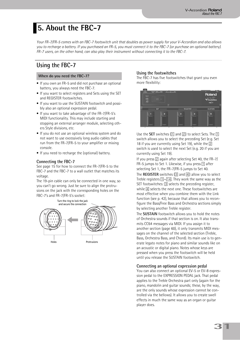 About the fbc7, Using the fbc7, Connecting the fbc7 | Using the footswitches, Connecting an optional expression pedal, About the fbc-7, Using the fbc-7, Connecting the fbc-7” on p. 31 for details, P. 31), Expression pedal (see p. 31) | Roland FR-7/FR-5 User Manual | Page 31 / 94