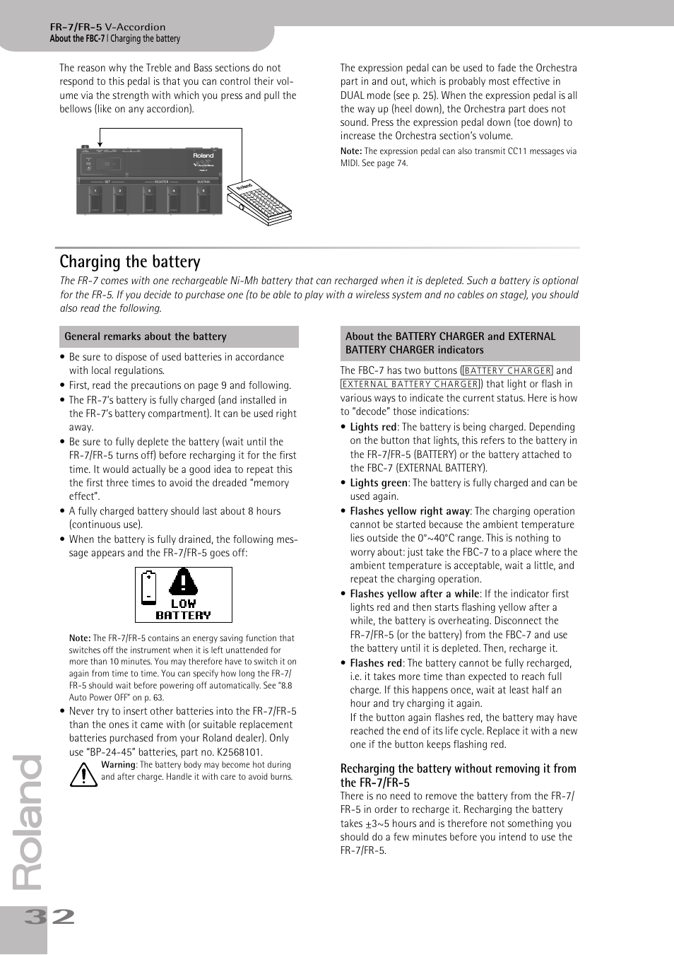 Charging the battery | Roland FR-7/FR-5 User Manual | Page 32 / 94