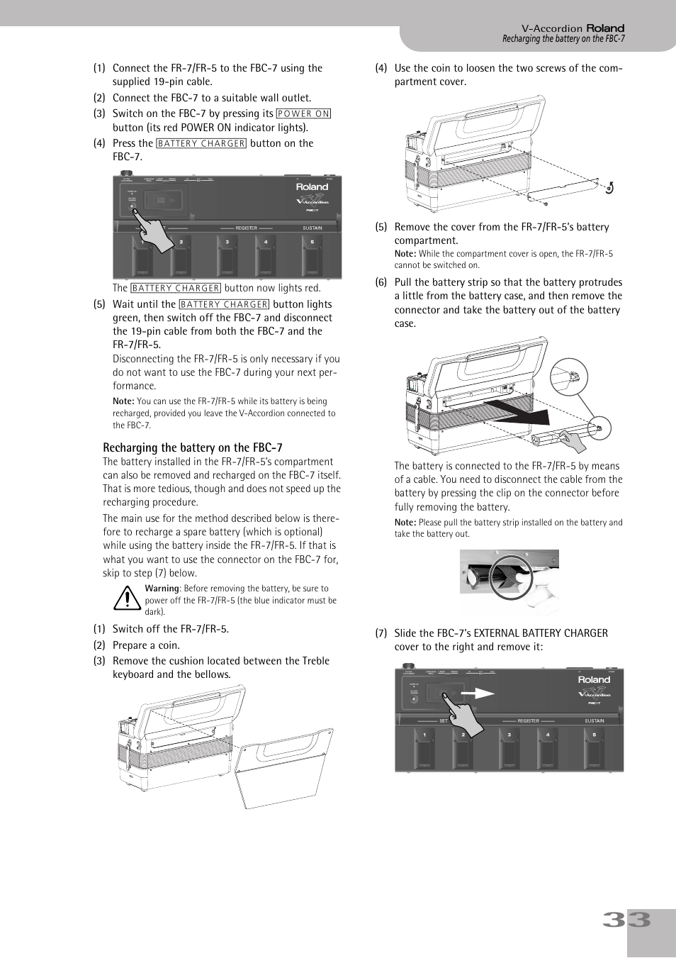 Recharging the battery on the fbc7 | Roland FR-7/FR-5 User Manual | Page 33 / 94