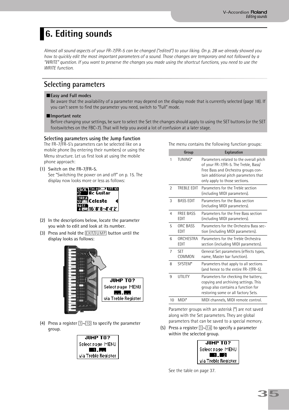 Editing sounds, Selecting parameters, Selecting parameters using the jump function | Roland FR-7/FR-5 User Manual | Page 35 / 94