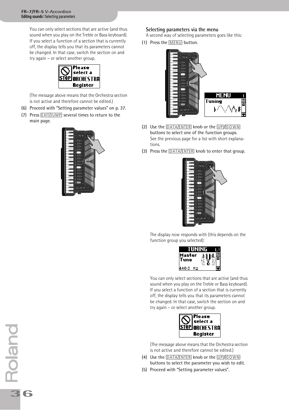 Selecting parameters via the menu | Roland FR-7/FR-5 User Manual | Page 36 / 94